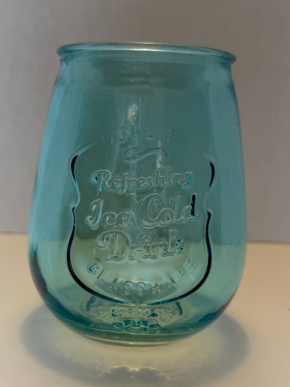 Aqua Blue Embossed Glass Tumbler / Stemless Wine Glass - Ice Cold Drink - Picture 1 of 5